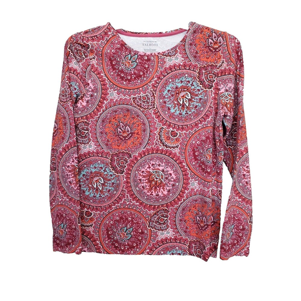 Talbots Cotton/Spandex Red Medallion Long Sleeve Crew Neck T-Shirt Size Large